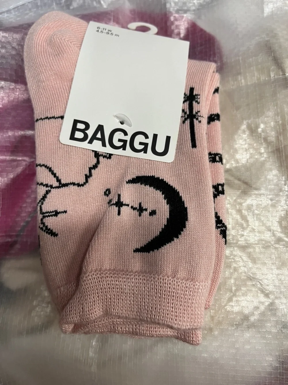 BAGGU Pink Graphic Crew Socks with Black Celestial & Motifs One Size New